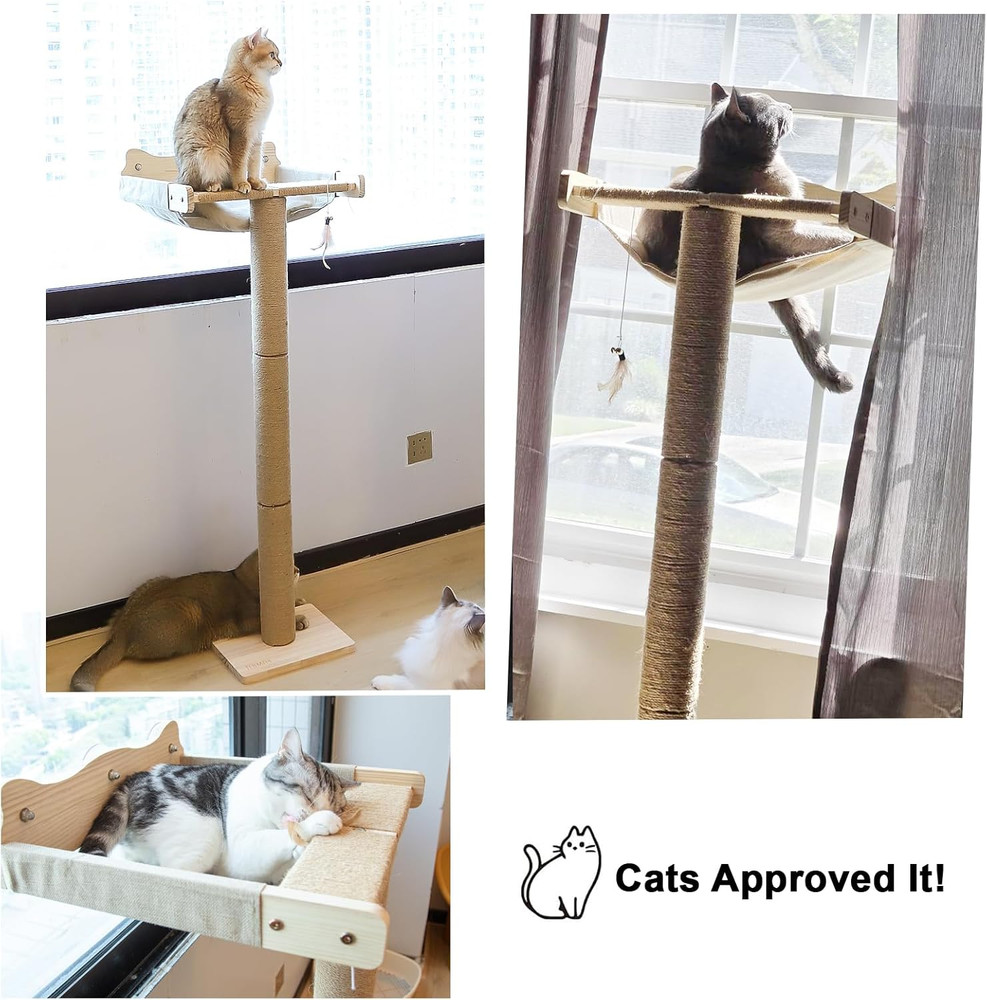 Cat Window Perch with Scratching Post, 46" Adjustable Tall Scratching Posts & Su