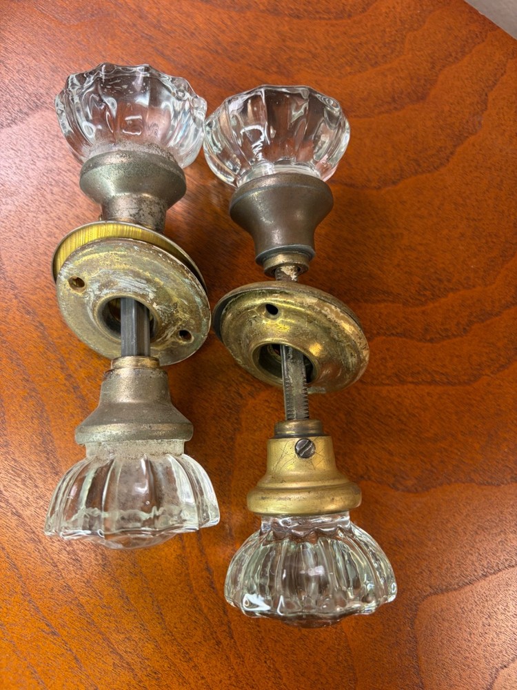 2 SETS Vintage 12 Point Clear Glass Door Knobs WITH Spindles & Escutcheons Brass