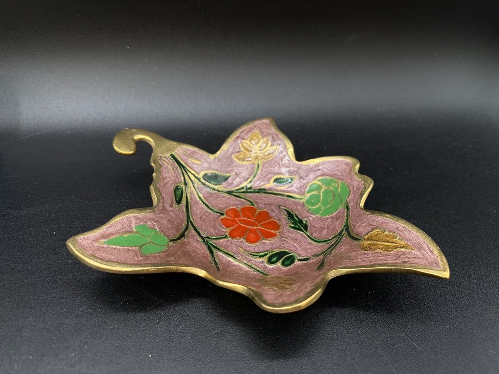 Enameled Brass 6” Maple Leaf Dish Tray Floral Design