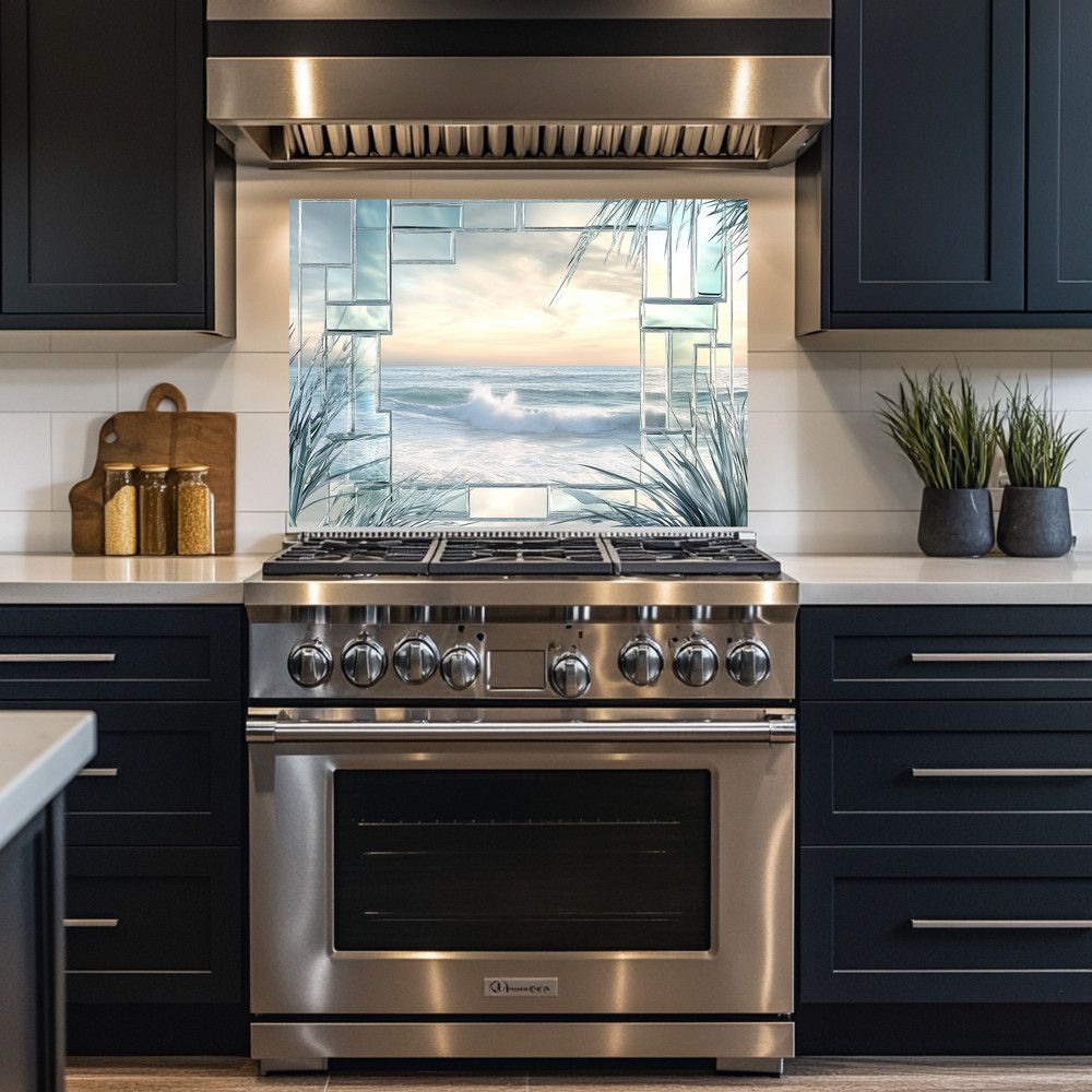 Ocean Landscape Scene Printed Tempered Glass Kitchen Backsplash Splashback Decor