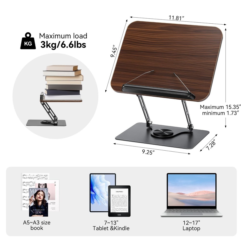 360° Rotating Book Stand for Reading, Adjustable Foldable Book Holder for Rea...