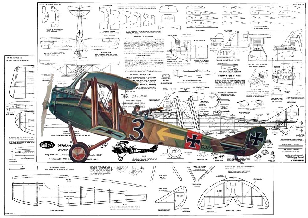 Guillows Model Airplane Plans (FF): RUMPLER C-5 24" Scale Rubber or .020 Engine