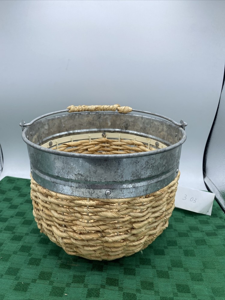 9” Wicker And Tin Hanging Pail Planter