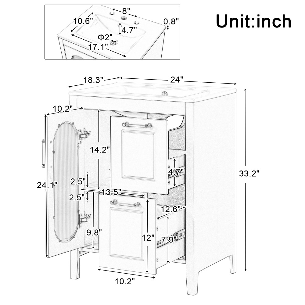 Bathroom Vanity with Sink, Two Drawers, Adjustable Shelves
