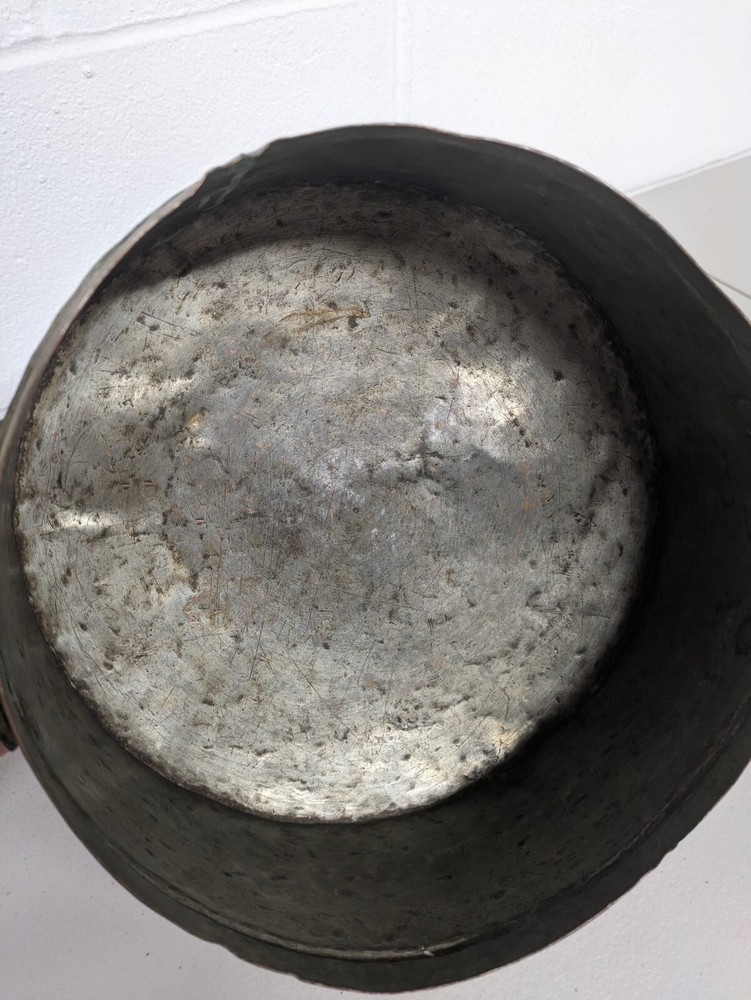 Vintage Handmade Copper Pot with Riveted Handles & Flat Lid Tin Lined Primitive