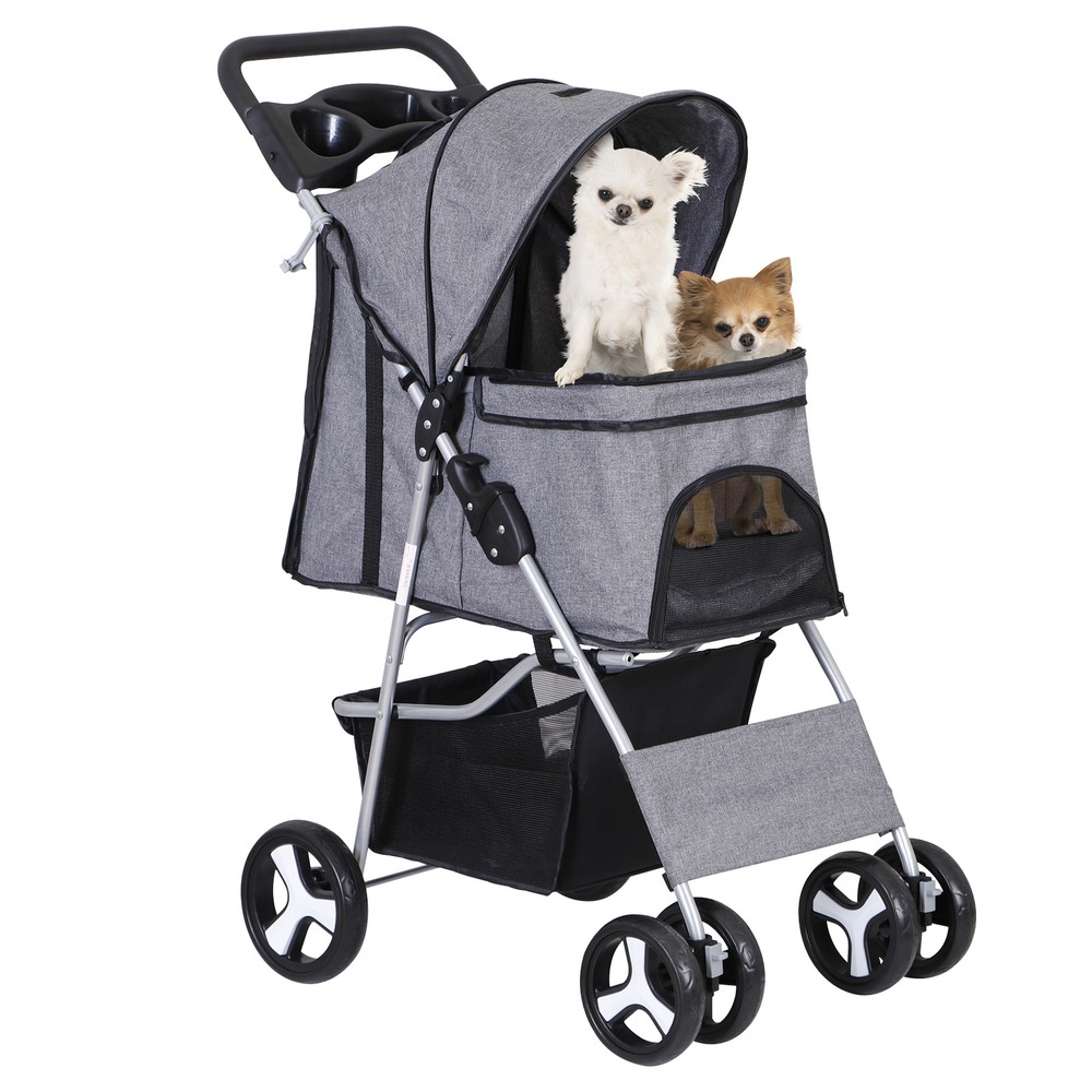 Collapsible Gray Pet Stroller with Mesh Windows and Smooth Zippers