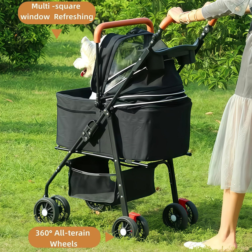 Pet Stroller for Medium Small Dogs/Cats - 4 Wheels Foldable Dog Stroller with St