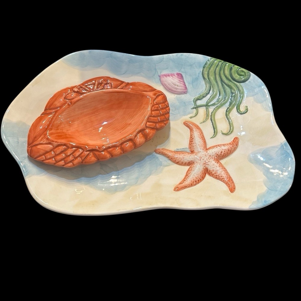 Dolomite Crab Dip Dish Attached On Platter 2003 Beachcombers