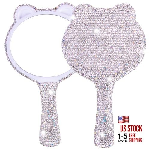Cat Ear Shaped Bling Metal Handheld Mirror with Handle for Makeup White