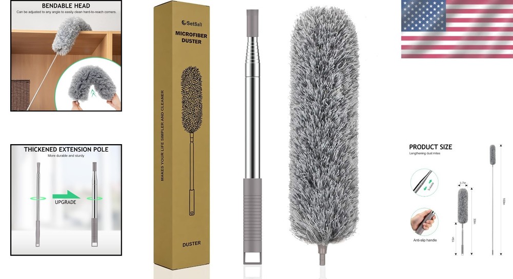 Washable Extra-Long Duster with Electrostatic Microfiber Head for High Dusting