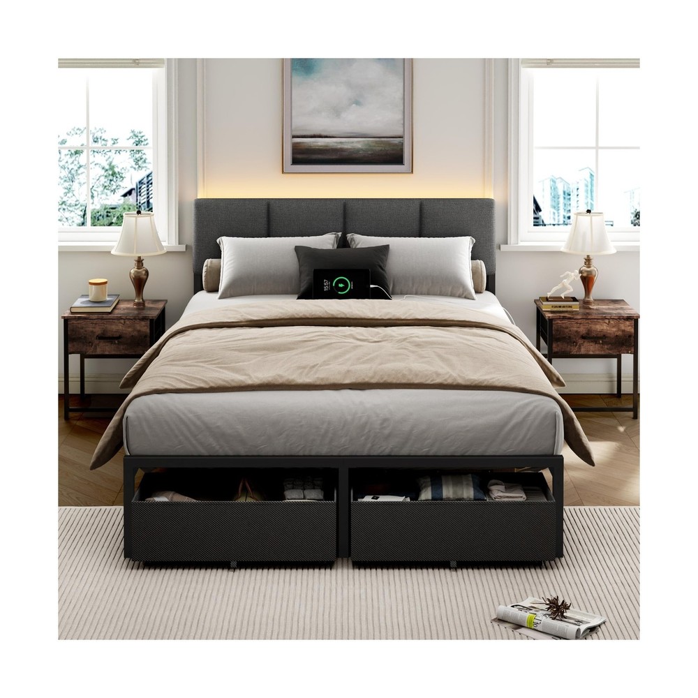 Furnulem Full Size Bed Frame with Headboard, Upholstered Full Bed Frame with ...