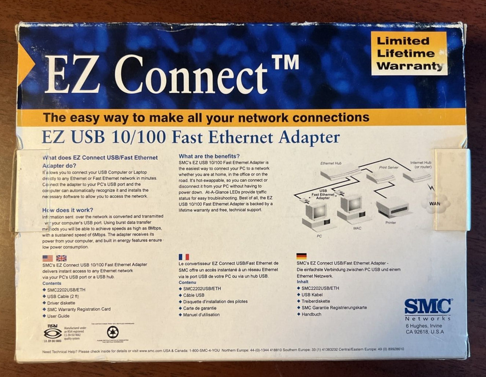 EZ Connect USB 10/100 Fast Ethernet Adapter SMC Model 2202USB/ETH