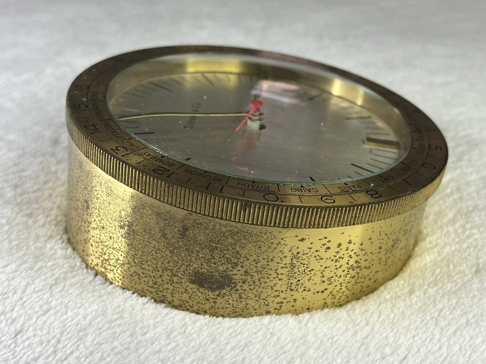 VINTAGE SOLID BRASS TIFFANY & CO. WORLD DESK CLOCK display piece *Untested*