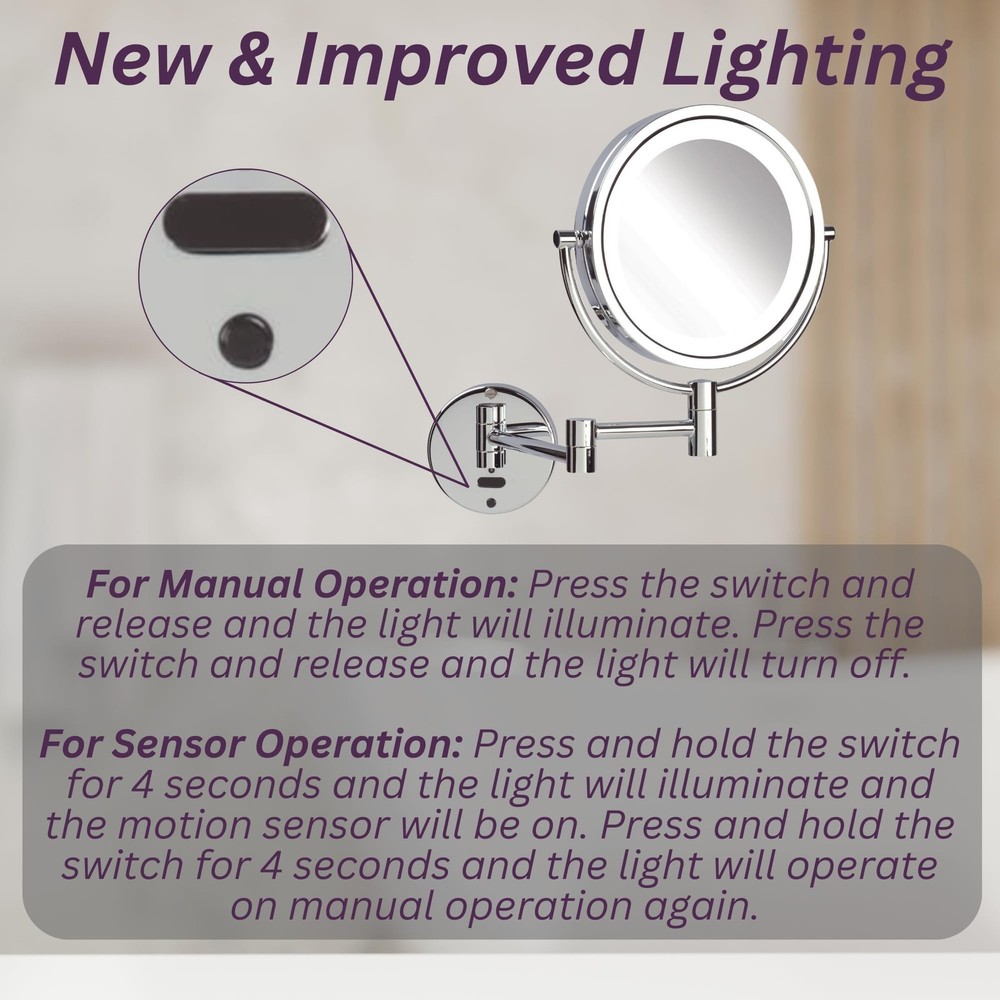 Sharper Image Wall-Mounted Lighted Motion Makeup Mirror - 8X-1X Magnification...