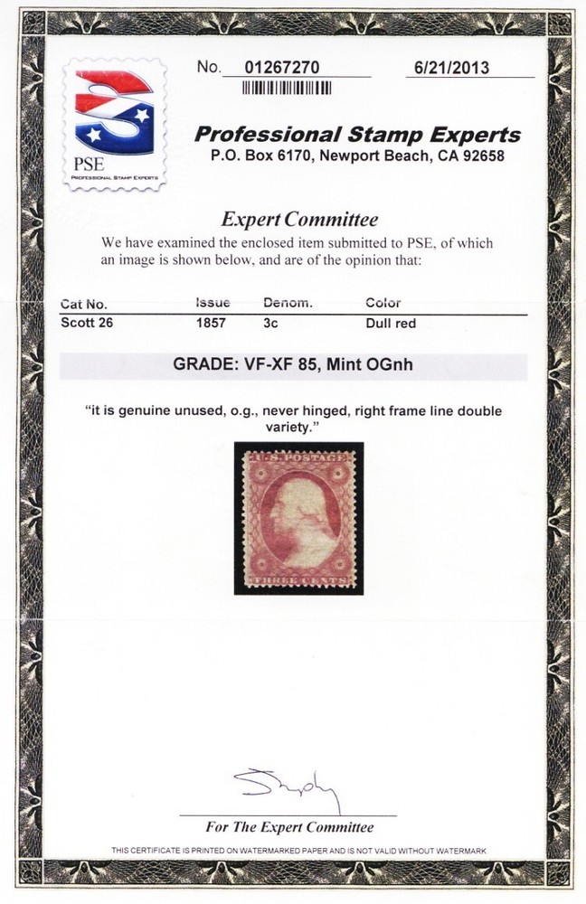 26, Mint VF/XF NH (Double Frame Line) - PSE Certificate * Stuart Katz