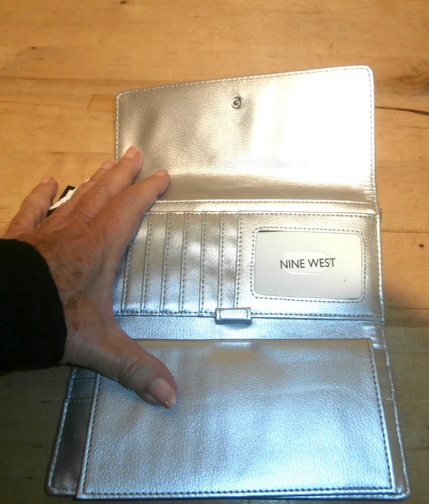 NWT Nine West Tan/Silver trifold long wallet with pockets