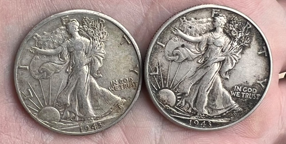 Two 1943 Walking Liberty Silver Half Dollars