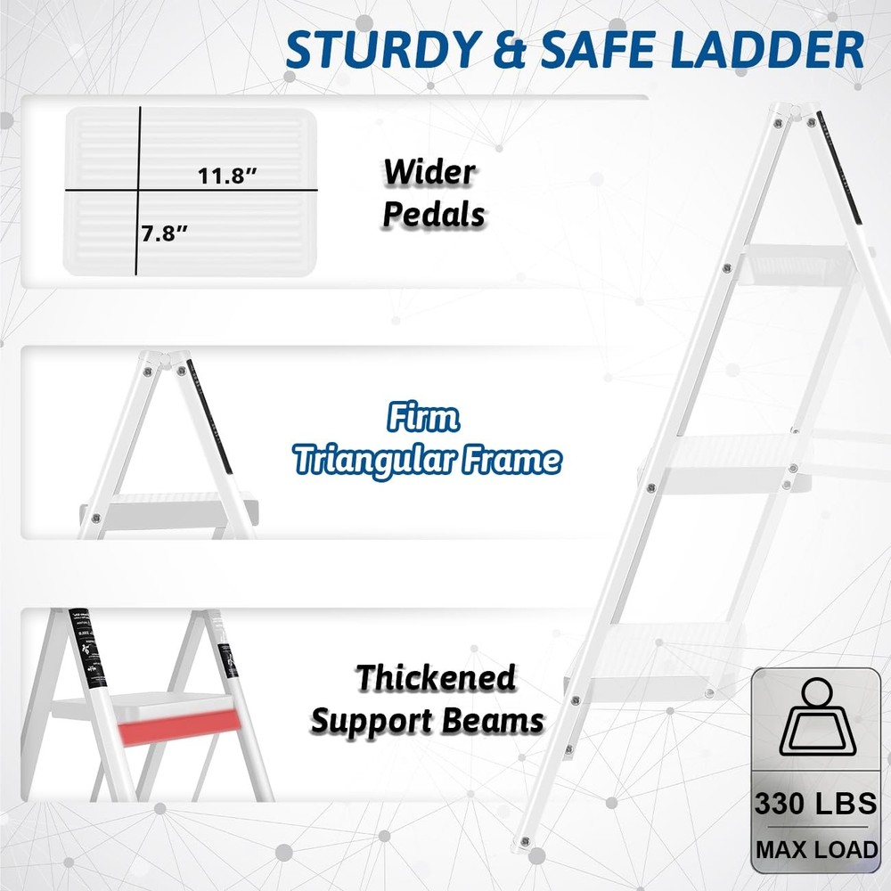 Double Elite Step Ladder 3 Folding, Sturdy 330 Lbs Load 3-Step, White