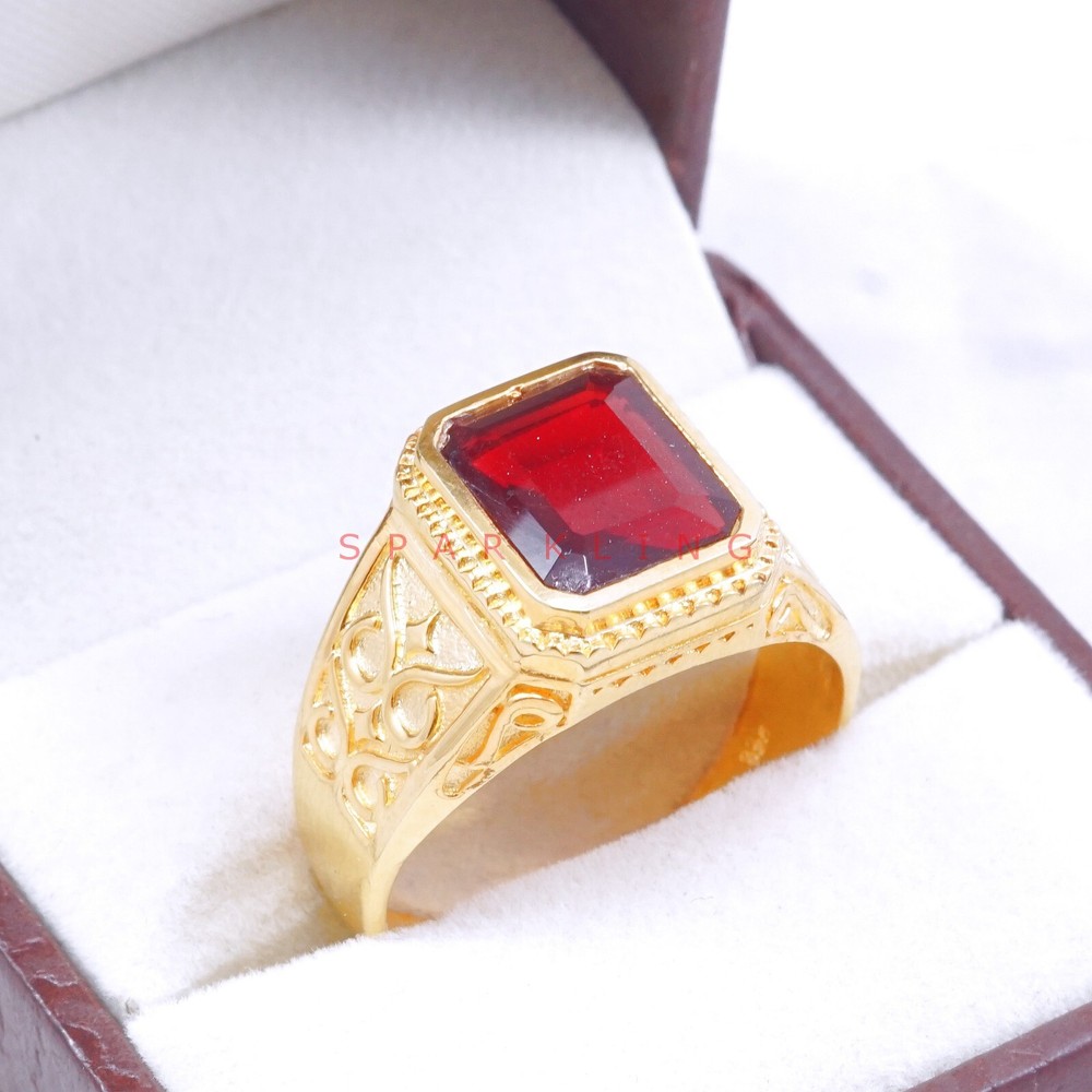 Garnet Emerald Cut With 14K Solid Gold Ring For Men's #E517