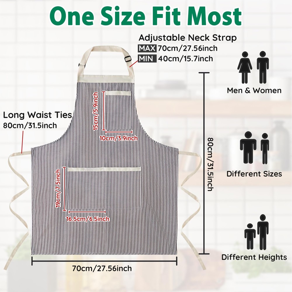 2 Pack Stripe Kitchen Apron, Adjustable Bib Apron with 3 Pockets, Chef Aprons...