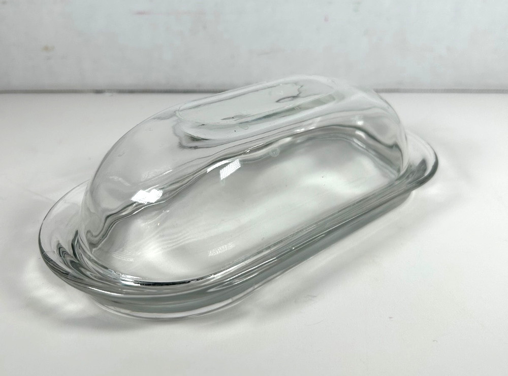 Very Nice Solid Clear Glass Covered BUTTER DISH Simple Smooth See-Through
