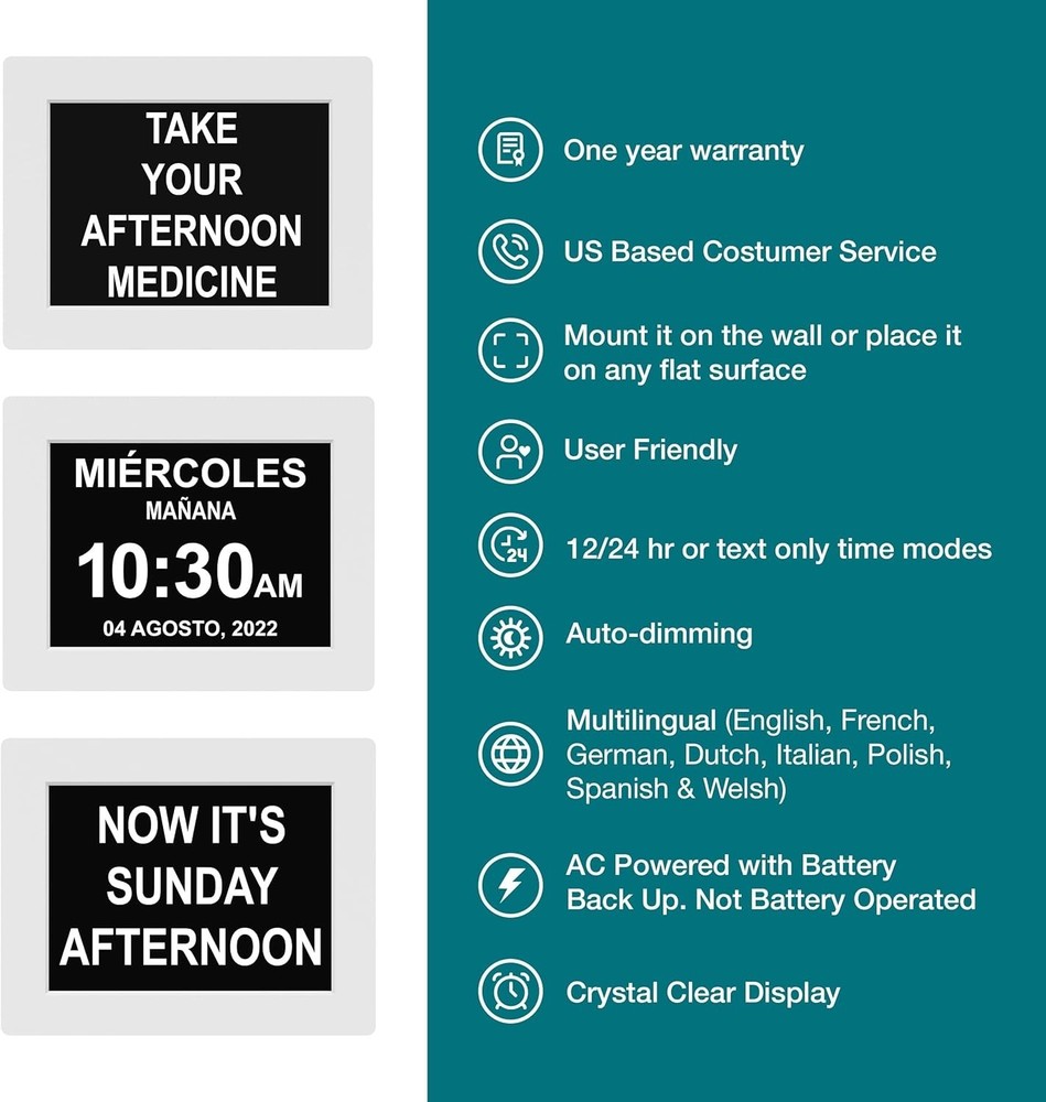 Wall Mounted Digital Clock for Seniors - Easy Read with Multi-Language Support