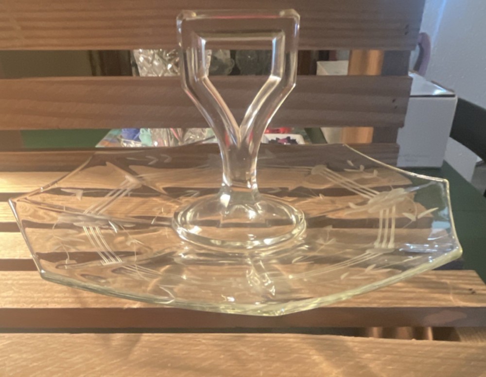 Vintage Etched Glass Serving Plate with Handle