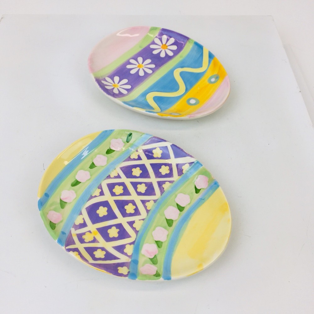Set/2 STUDIO 33 Egg Shapred Dessert Plates Ceramic Easter Spring New 6.5X5"