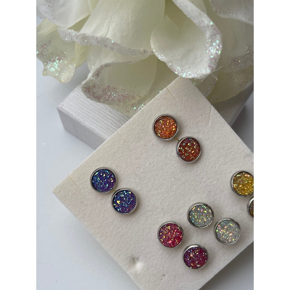 Glittery Studs 5 Pairs Round Earrings Multicolor
