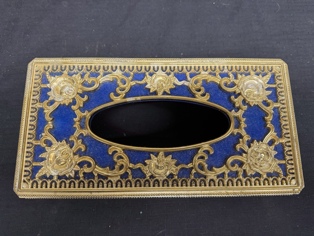 Tissue Box Cover Rectangle Gold Rose Floral Pattern Blue Felt Backing Plastic