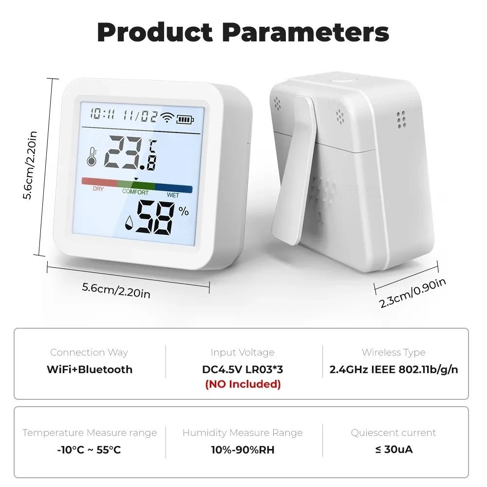 Wifi Thermometer & Humidity Sensor, AAA Battery Powered, Screen w/ Backlight