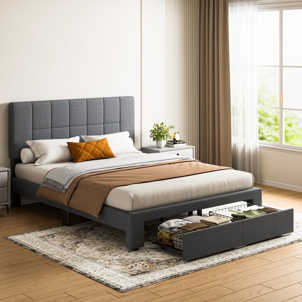 Full Bed Frame with 2 Storage Drawers, Sturdy & Durable with 12 Support Legs,...