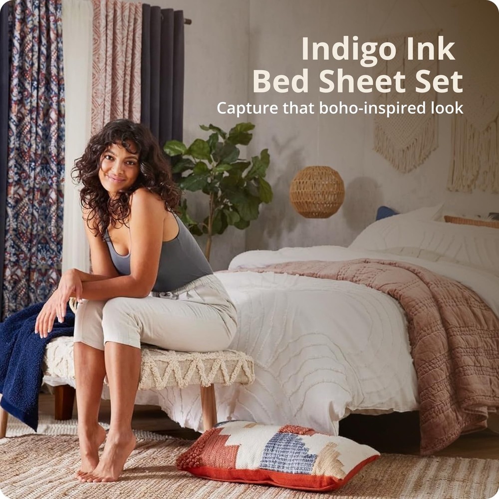 Indigo Ink - King Size Sheet Set, 4-Piece Boho Medallion Patterned Bedding, S...