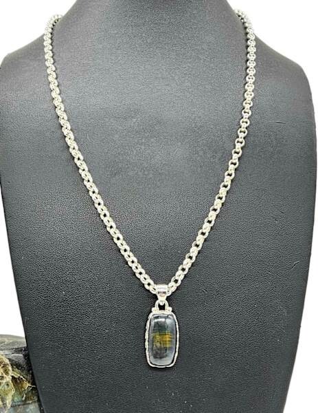 Rainbow Obsidian Pendant, Sterling Silver, Rectangle Shaped, Volcanic Gemstone