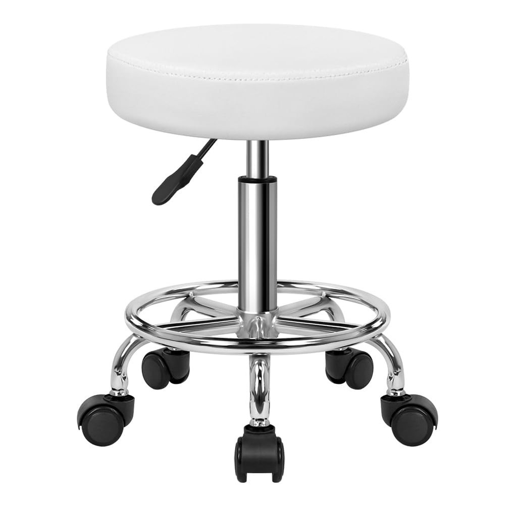 PU Leather Round Rolling Stool W/ Foot Rest Swivel Height Adjustable Stool Spa