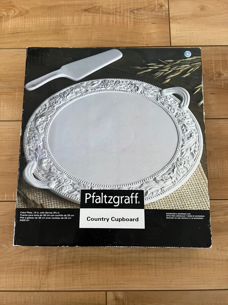 NEW Pfaltzgraff Country Cupboard Cake Plate & Server Dessert White Rustic Simple