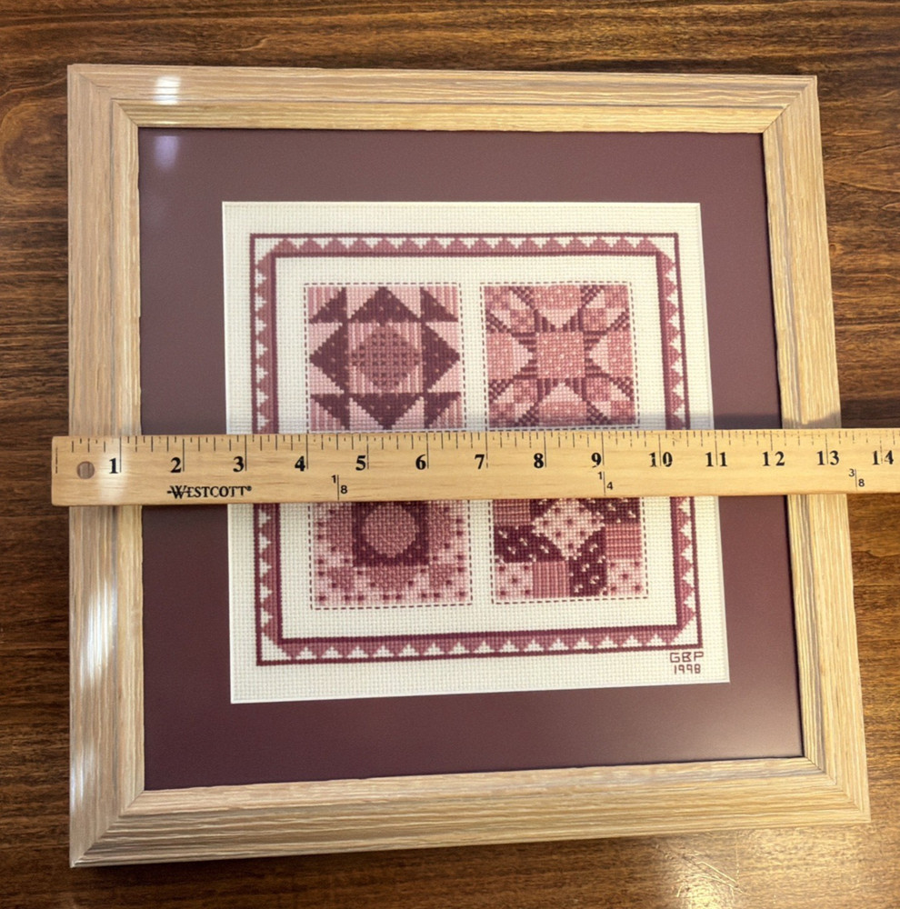 Vintage Handmade Framed Cross Stitch Quilt Pattern Blocks Wall Decor Pinks