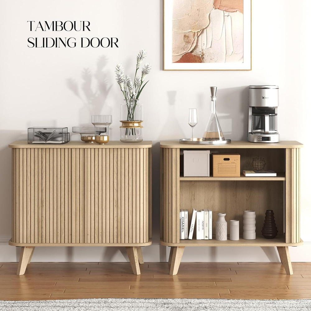Modern Fluted Sideboard Buffet Cabinet with Sliding Doors & Storage Shelves