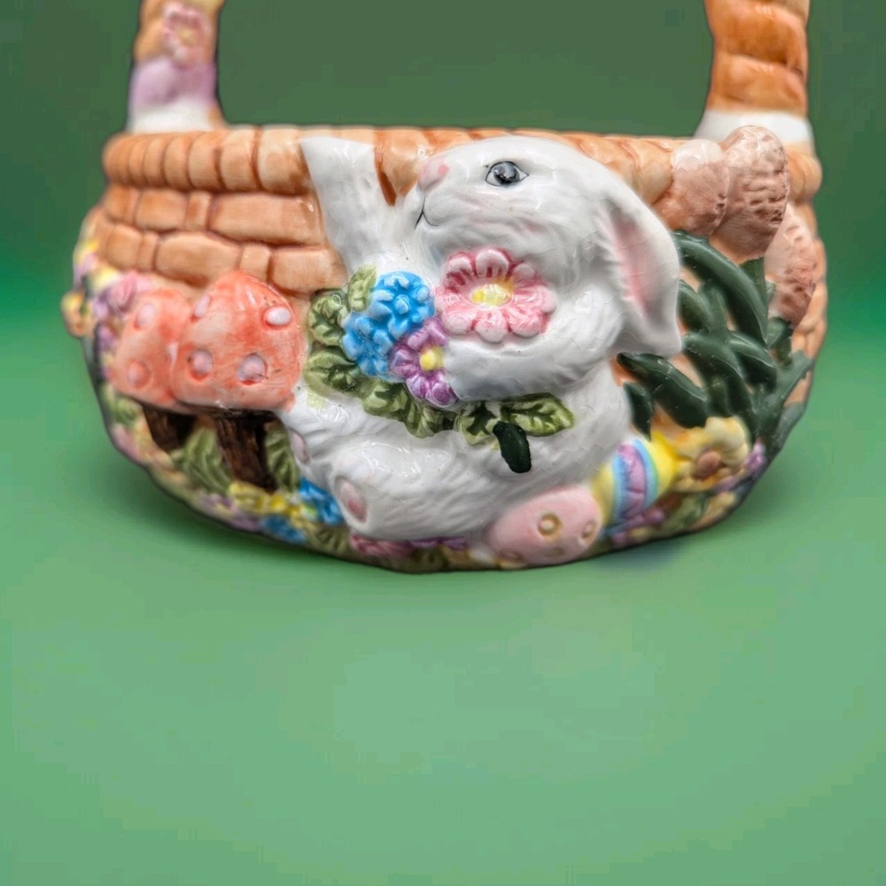 Ceramic Easter Bunny Basket Colorful WCL 7" Tall Decorative Figure & Easter Eggs