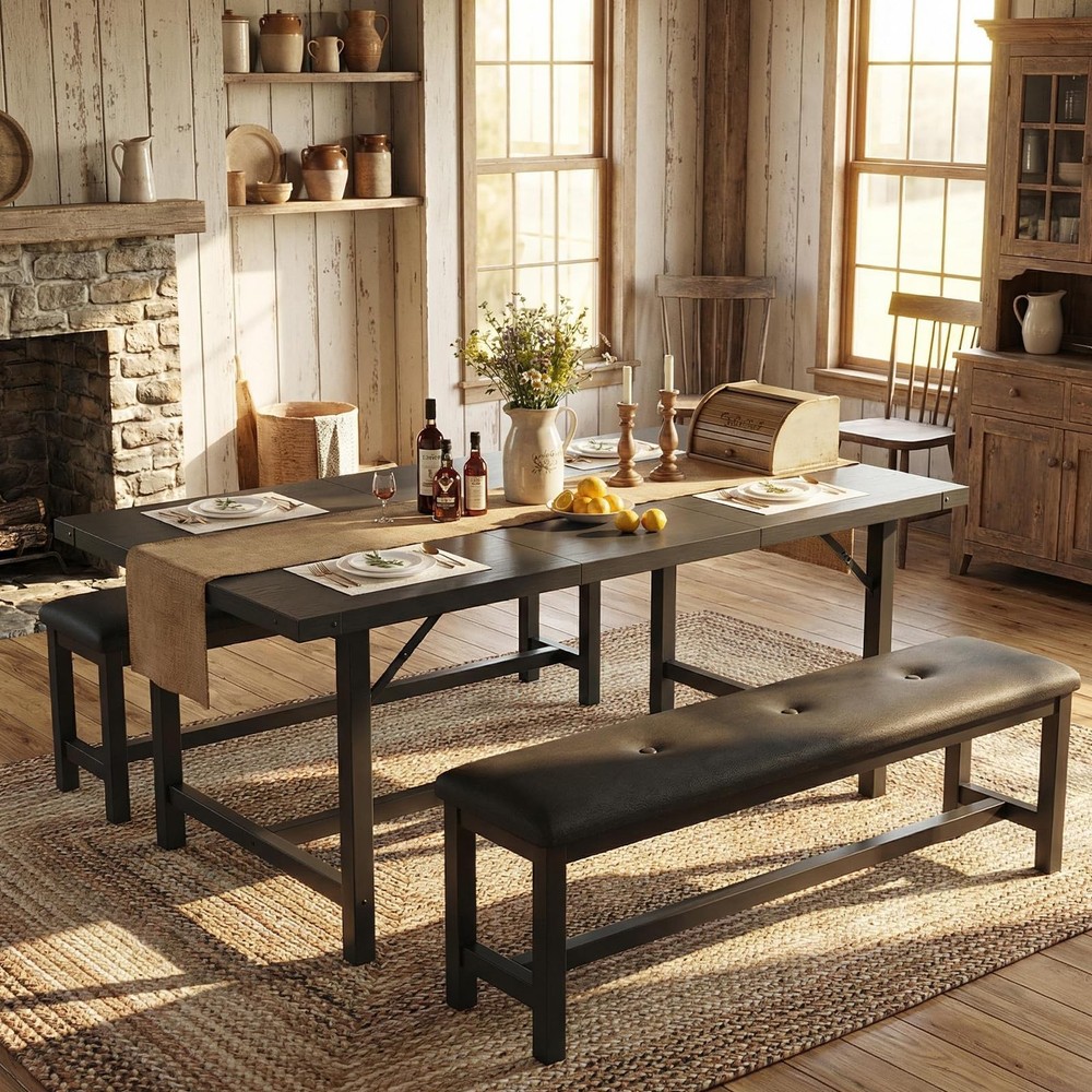 5 Piece Extendable Dining Table Set for 4-6, Kitchen Table & 2 Upholstered Be...