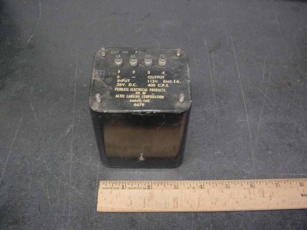 Altech Lansing/Peerless Inverter QB91252-1. INPUT 26vdc OUT 115v 400 cycle