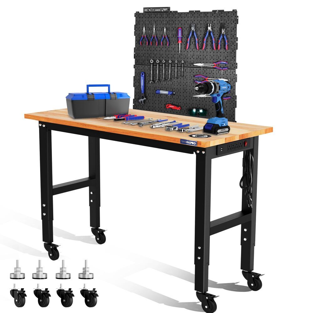 WORKPRO 48" Adjustable Workbench 2PC 16x32" Metal Pegboard 1500LBS Load Capacity
