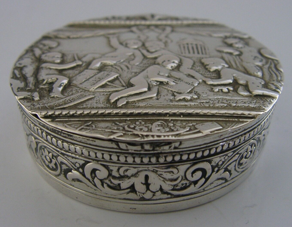 SUPERB GERMAN SOLID SILVER FIGURAL CHERUB SCENES BOX c1900 ANTIQUE