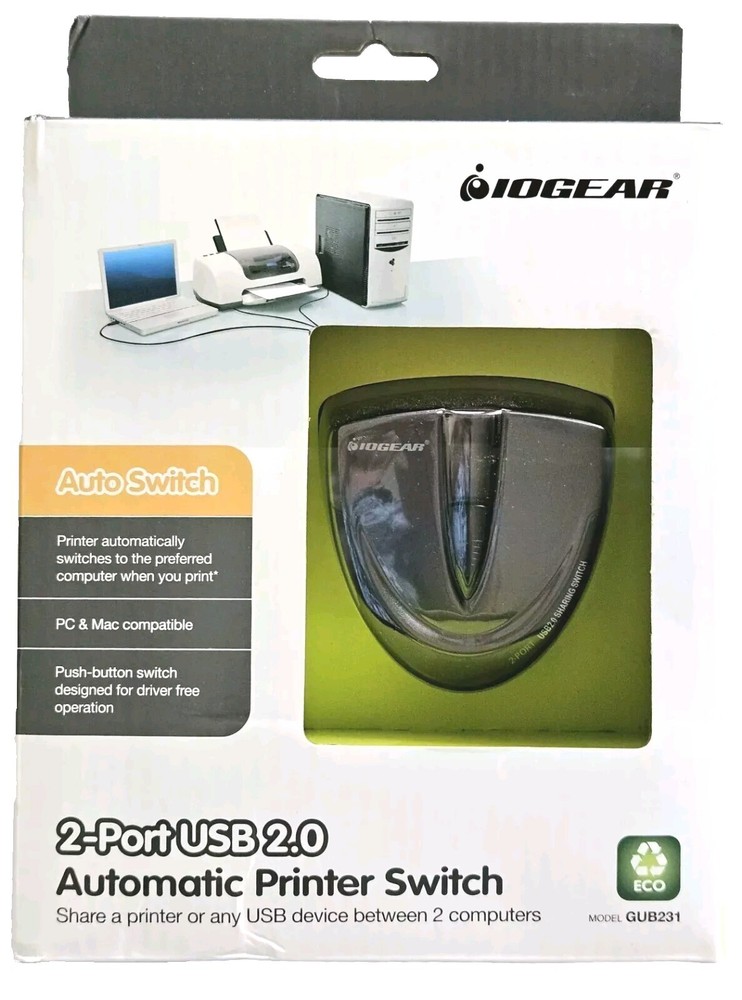 IOGear Automatic Printer Switch (GUB231) 2-Ports External USB 2.0  New PC & Mac