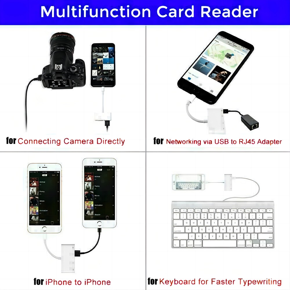 For iPhone iPod iPad IOS 12 Portable 4 in 1 USB SD TF Card Reader Camera Adapter