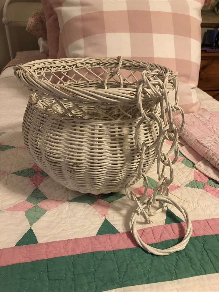Vintage Hanging White Wicker Planter Basket Cottagecore Boho