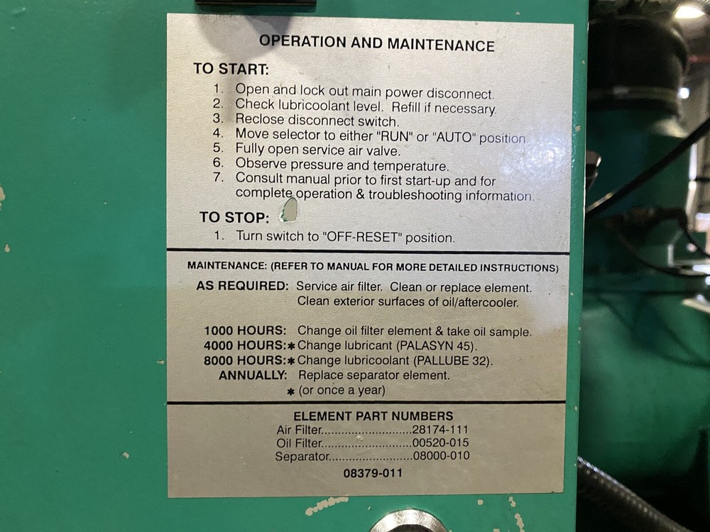 Palatek Model 100UGA Screw air Compressor 100HP