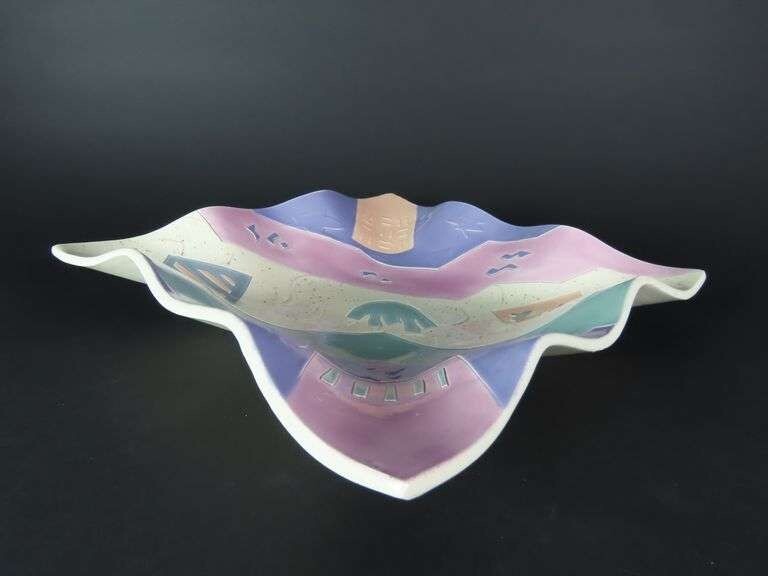 Signed Pottery Ruffled Edge Centerpiece Bowl