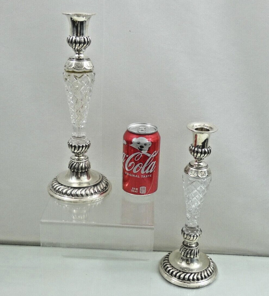 GORGEOUS ANTIQUE SILVER / CUT CRYSTAL PAIR CANDLESTICKS FINE QUALITY sterling