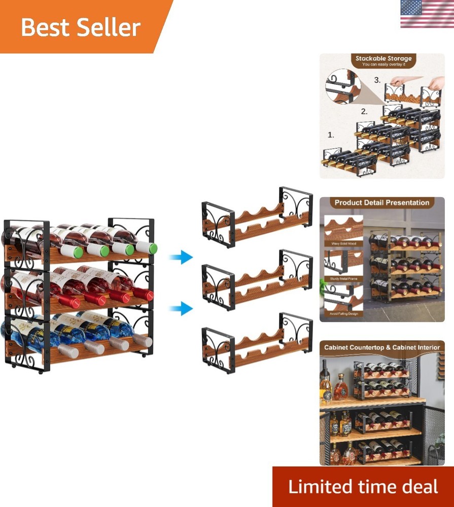 Innovative Stackable Wine Rack for 12 Bottles - Easy Assembly, Black Finish